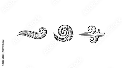 Hand-drawn wind symbols in black and white, perfect for design elements