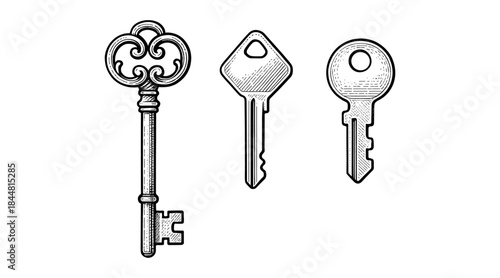 Vintage keys illustration in black and white, perfect for design projects
