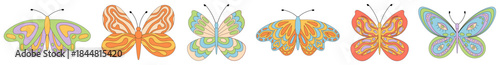 Groovy y2k butterfly seamless border in funky and colorful 70s pattern style. Wavy shapes with retro flair create a vintage decorative motif, ideal as a trendy textile or wallpaper accent.