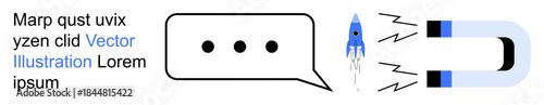 Digital marketing, communication strategy, customer attraction, innovation, teamwork, business growth. Speech bubble, rocket and magnet attracting elements. Communication strategy and customer