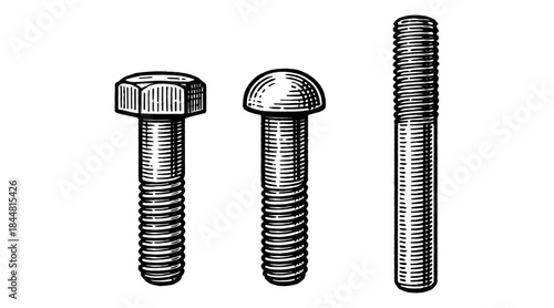 Detailed illustration of three different types of bolts on a white background