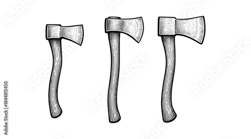 Engraved axes illustration on white background, vintage woodcutting style