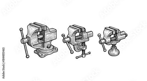 Detailed illustration of three different styles of metal vises on a white background