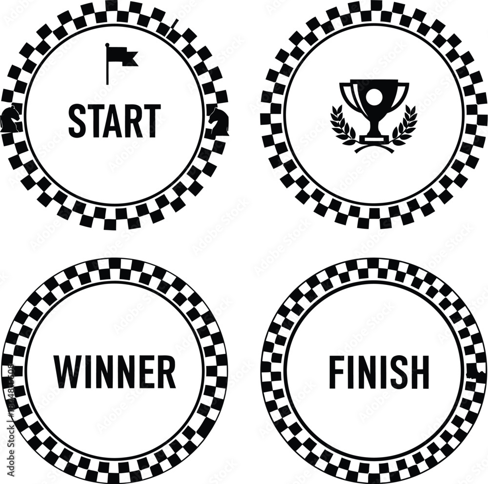 Obraz premium Racing emblems start winner finish and trophy symbols in checkered circles