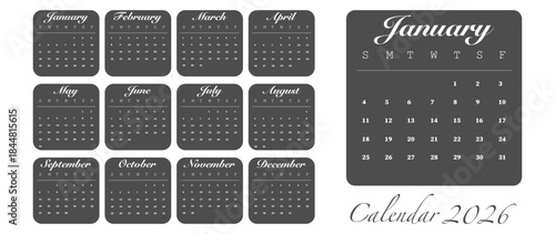 Vector illustration. Calendar for 2026. Week starts on Sunday. Calendar ready for printing. Has 12 months. Stationery design concept.
