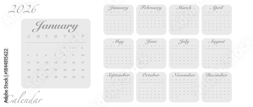 Vector illustration. Calendar for 2026. Week starts on Sunday. Calendar ready for printing. Has 12 months. Stationery design concept.