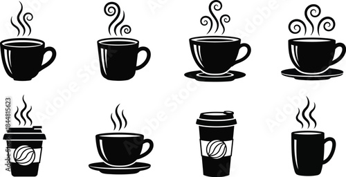 A collection of black and white coffee cups and a to go beverage container