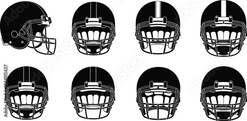 A collection of black and white american football helmets in various views