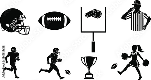American football icons helmet ball referee players and cheerleaders in silhouette