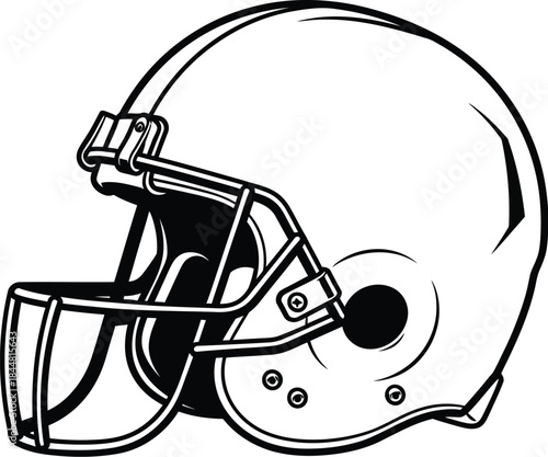 A black and white illustration of an american football helmet side view