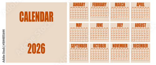 Vector illustration. Calendar for 2026. Week starts on Sunday. Calendar ready for printing. Has 12 months. Stationery design concept.