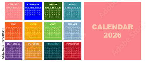 Vector illustration. Calendar for 2026. Week starts on Sunday. Calendar ready for printing. Has 12 months. Stationery design concept.