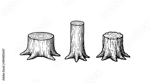 Hand-drawn illustration of three tree stumps in a black and white style
