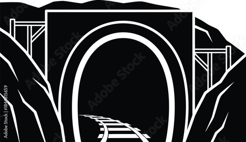 A stark black and white illustration of a railway tunnel entrance