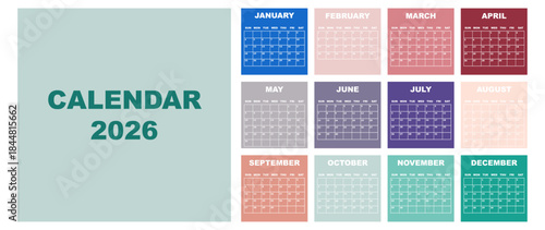 Vector illustration. Calendar for 2026. Week starts on Sunday. Calendar ready for printing. Has 12 months. Stationery design concept.