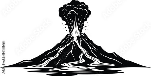 A dramatic black and white illustration of a volcanic eruption in progress