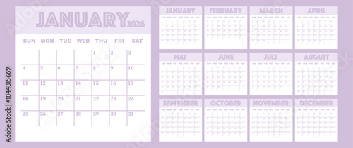 Vector illustration. Calendar for 2026. Week starts on Sunday. Calendar ready for printing. Has 12 months. Stationery design concept.