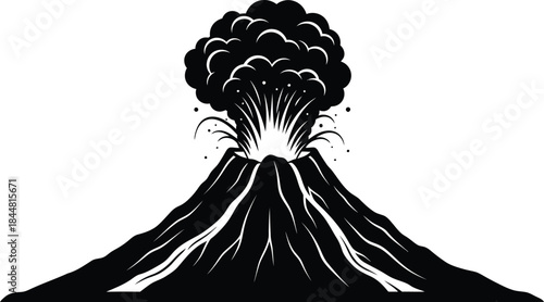 A dramatic illustration of a volcanic eruption with flowing lava and ash