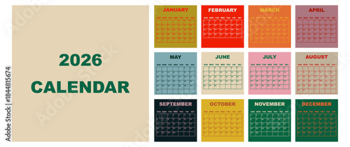 Vector illustration. Calendar for 2026. Week starts on Sunday. Calendar ready for printing. Has 12 months. Stationery design concept.