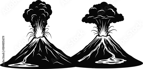 Two volcanic eruptions depicted in a vintage black and white woodcut style