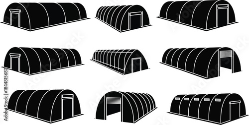 Black and white illustration of various quonset hut designs and perspectives