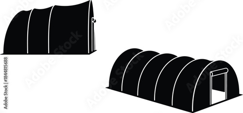Black and white illustration of two curved shelter structures against white background