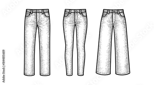 Vintage denim jeans illustrations in different styles on white background