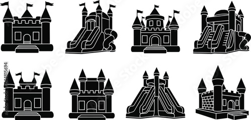 Collection of black silhouette inflatable castles and bouncy houses for playful events