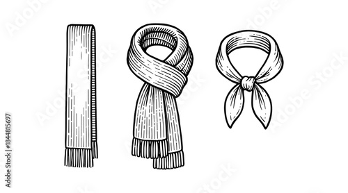 Detailed vintage scarf illustrations in black and white, perfect for design projects