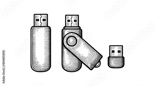 Engraved USB flash drives in various positions on a white background
