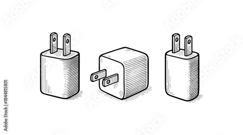 Hand-drawn illustration of three different power adapters on a white background