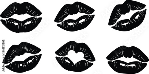 A collection of stylized black and white kiss marks and lip prints