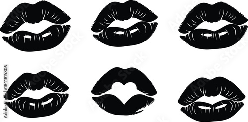 A collection of stylized black and white lip print silhouettes arranged on a white background