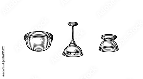 Vintage-style pendant lights and ceiling fixtures in a detailed line art illustration