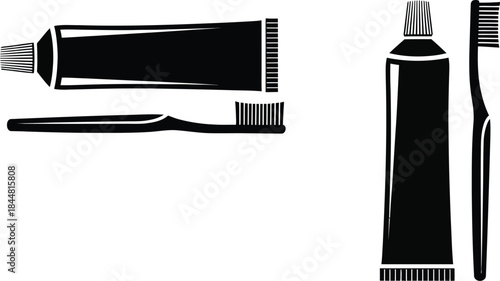 Minimalist black and white illustration of toothpaste toothbrush and dental hygiene products