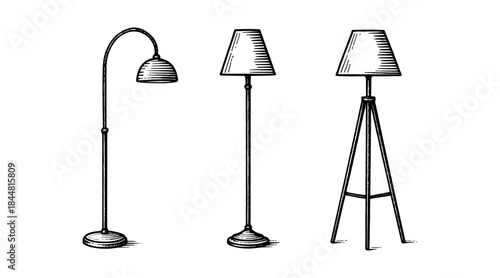 Elegant floor lamps in a detailed vintage engraving style, perfect for design projects