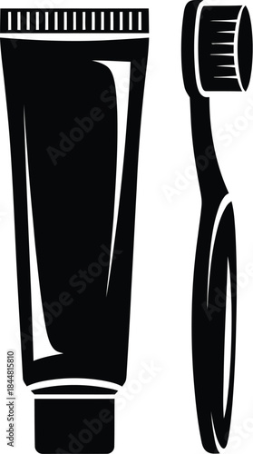 A simple black and white illustration of a toothpaste tube and toothbrush