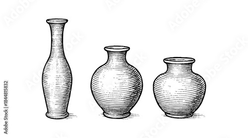 Detailed illustration of three antique vases on a white background