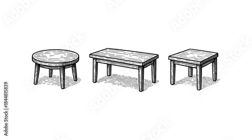 Hand-drawn illustration of three different wooden tables on a white background