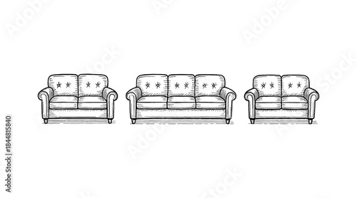 Hand-drawn illustration of a sofa set in a classic, vintage style on white background.