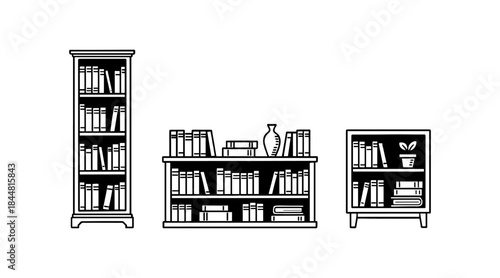 Black and white illustration of bookshelves with books and decorative items