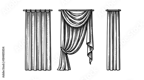 Elegant hand-drawn curtains illustration in a classic vintage style
