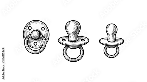 Engraved illustration of baby pacifiers in a row, isolated on white background