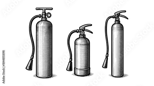 Detailed illustration of fire extinguishers in a vintage engraving style