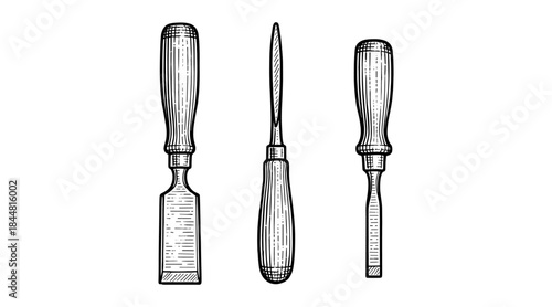 Detailed illustration of three wood chisels in a classic engraving style