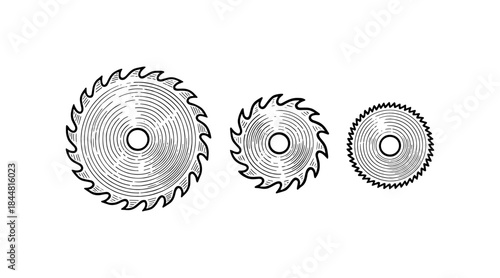 Engraved illustration of three circular saw blades on a white background
