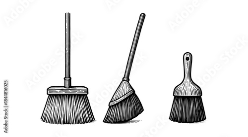 Detailed illustration of brooms and brush in a classic engraving style
