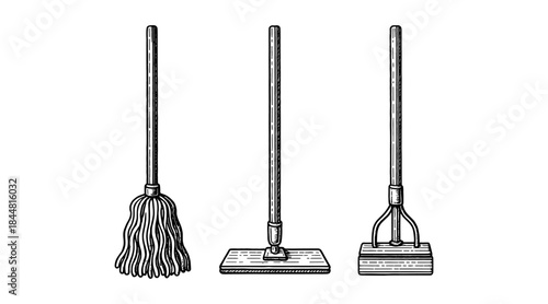 Vintage mop illustrations in black and white, perfect for cleaning and hygiene concepts