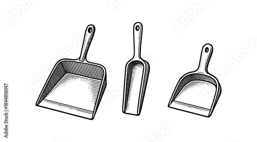 Dustpan illustrations in a detailed black and white engraving style