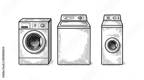 Vintage washing machines in a detailed black and white illustration